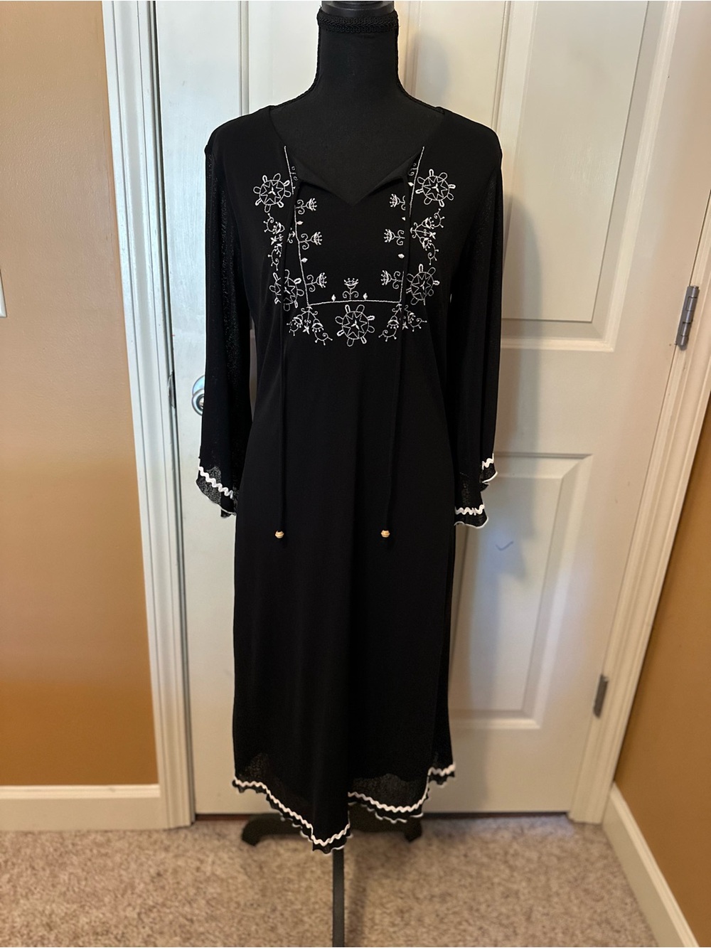Black Long Sleeve Embroidered Midi Dress with White Trim